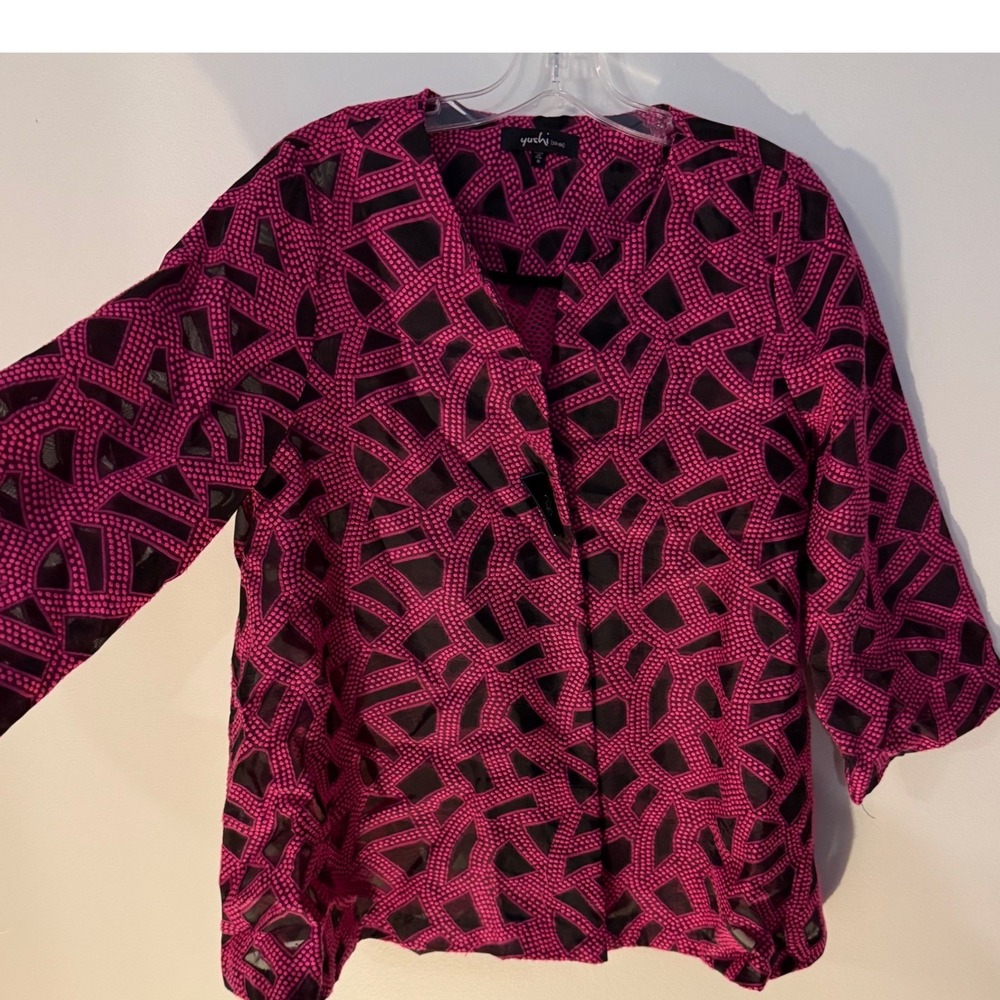 Yushi USA Sheer Mesh Abstract Art cardigan Jacket Women's Small Pink Black